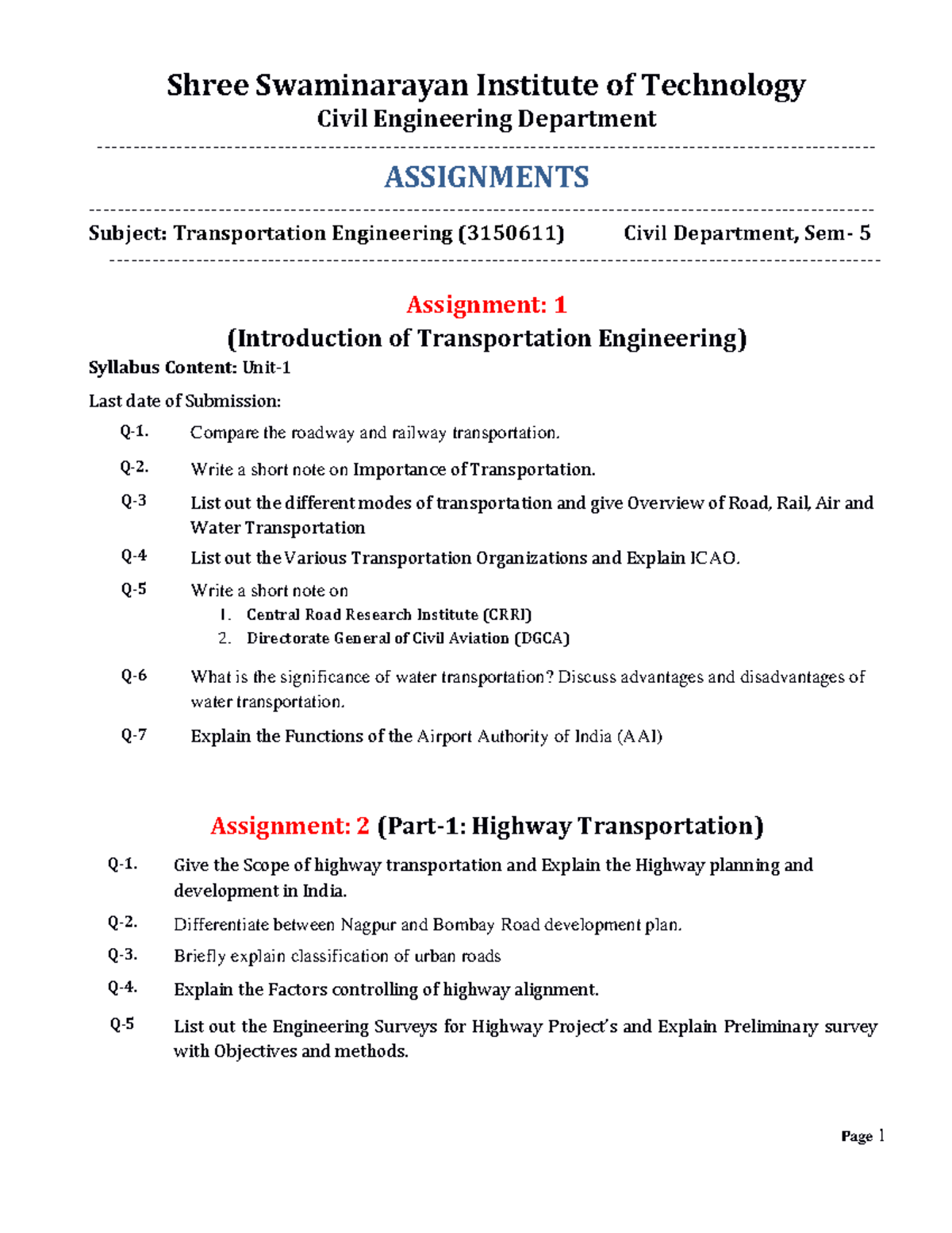 Transportation Assignments 240806 101947 - Civil Engineering Department ...