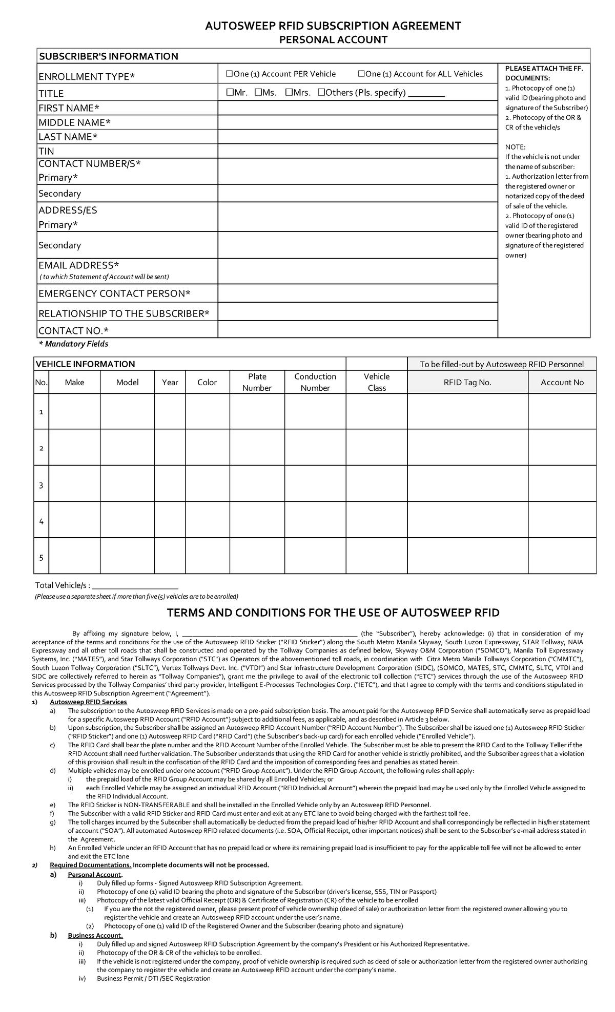 Personal Subscription Form - AUTOSWEEP RFID SUBSCRIPTION AGREEMENT ...