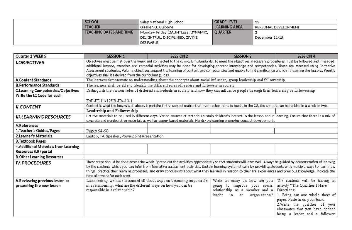 Q2W5 - daily lesson log - SCHOOL Salay National High School GRADE LEVEL ...