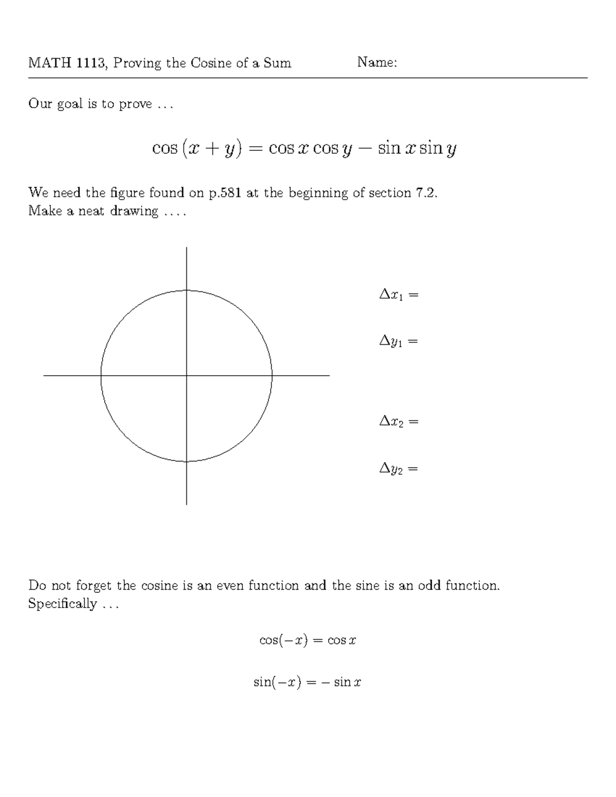 MATH 1113 Homework 7 2 A - MATH 1113, Proving the Cosine of a Sum Our ...