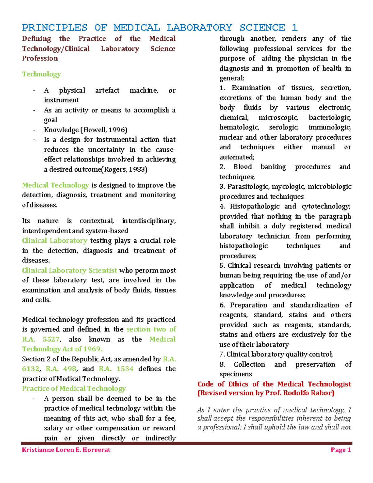 Principles of Medical Technology 1 Chapter 2 Defining the Practice of the Medical Technology