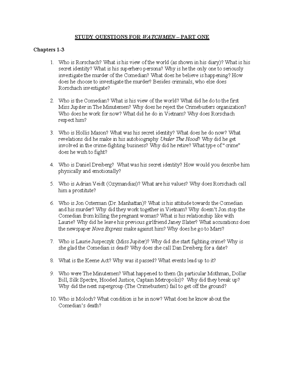 1 Study Questions for Watchmen Ch. 15 STUDY QUESTIONS FOR WATCHMEN
