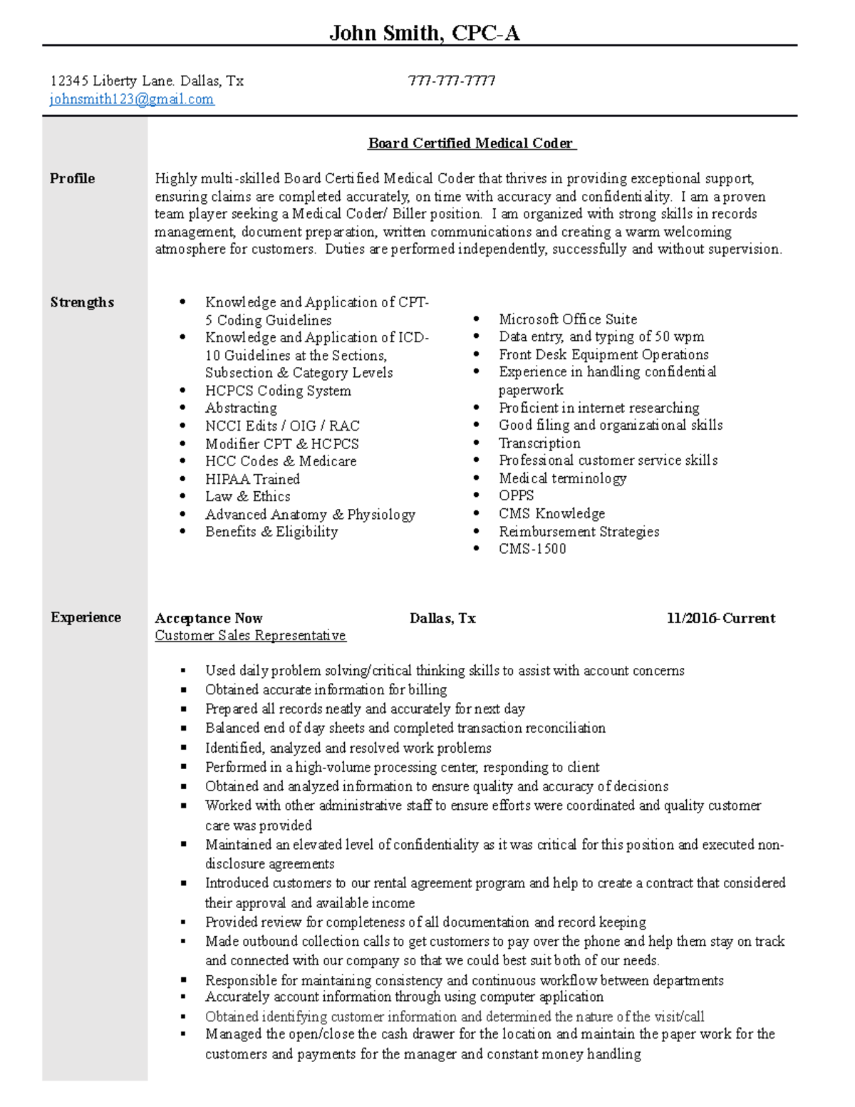 2018 John Smith Resume 2 - John Smith, CPC-A 12345 Liberty Lane. Dallas ...