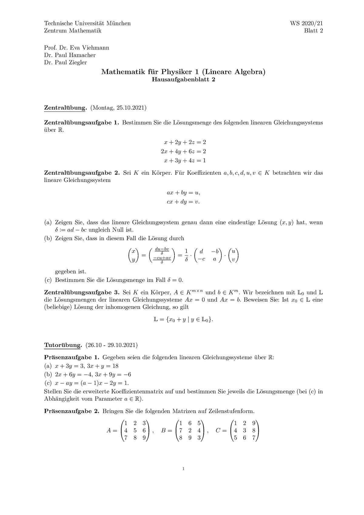 Lineare Algebra Bungsblatt Technische Universit At M Unchen Ws Zentrum Mathematik