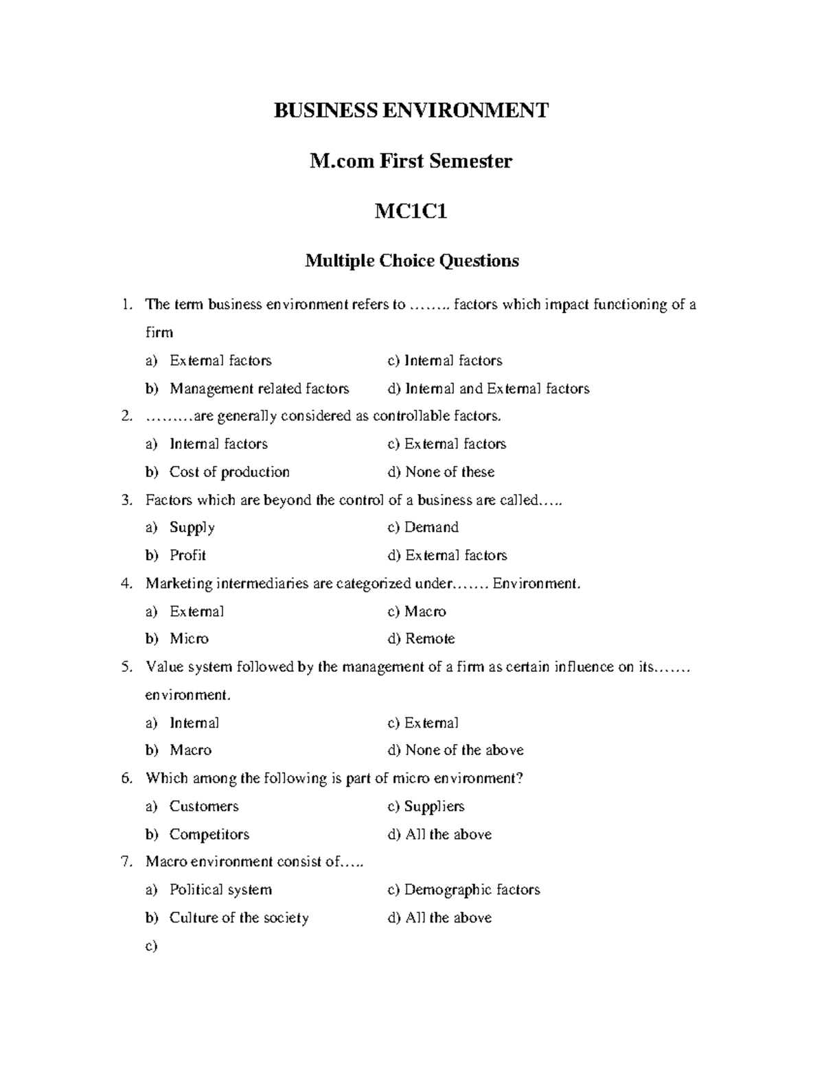 MCQ Business Environment 0 - BUSINESS ENVIRONMENT M First Semester MC1C ...