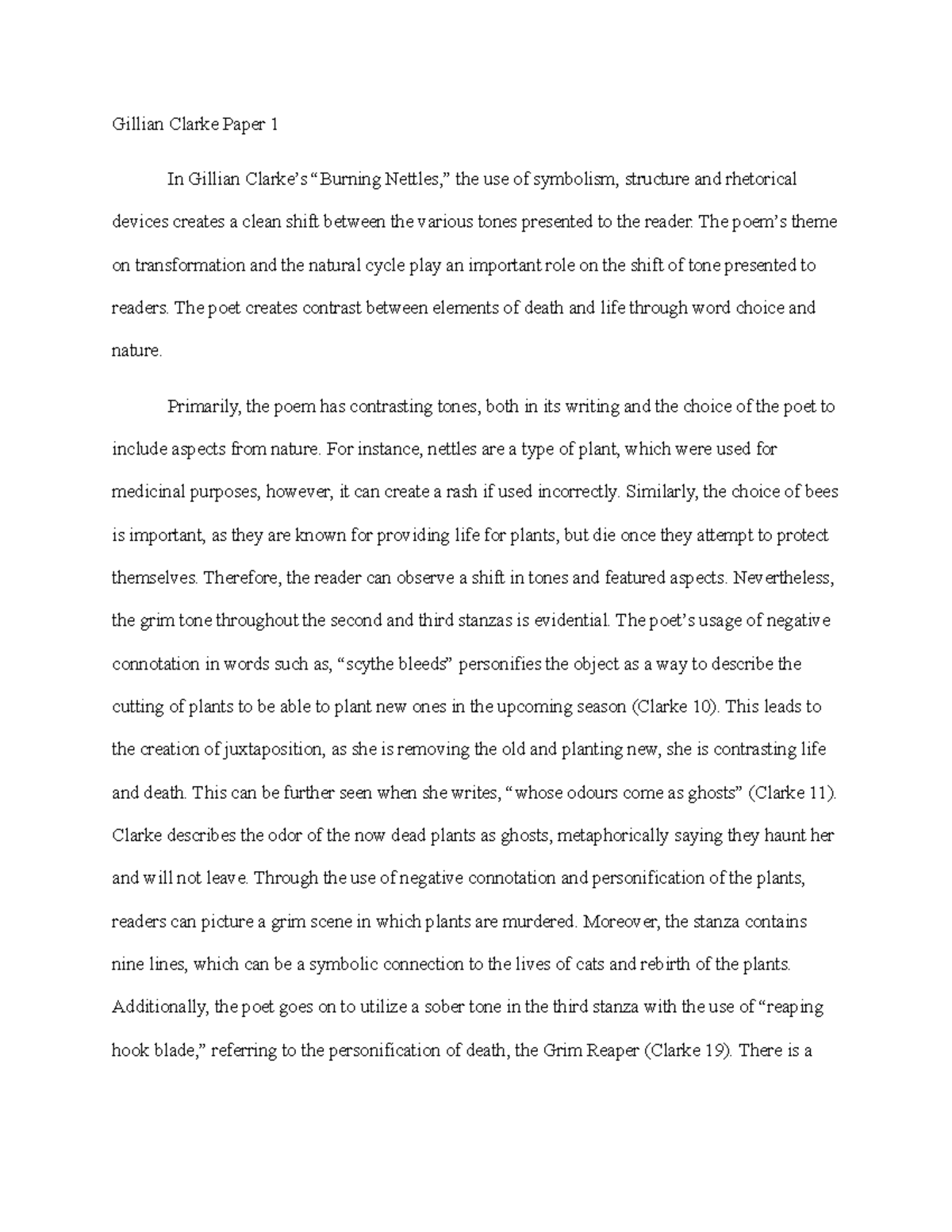 Gillian Clarke Paper 1 The poem’s theme on transformation and the