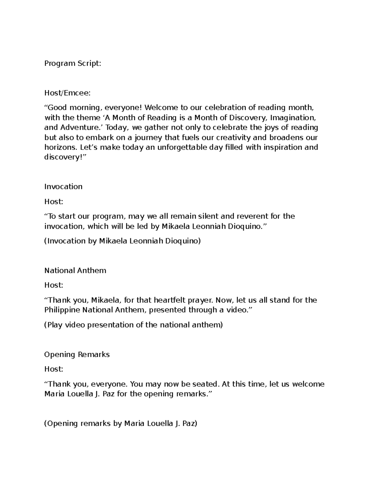 Script - It is a lecture - Program Script: Host/Emcee: “Good morning ...