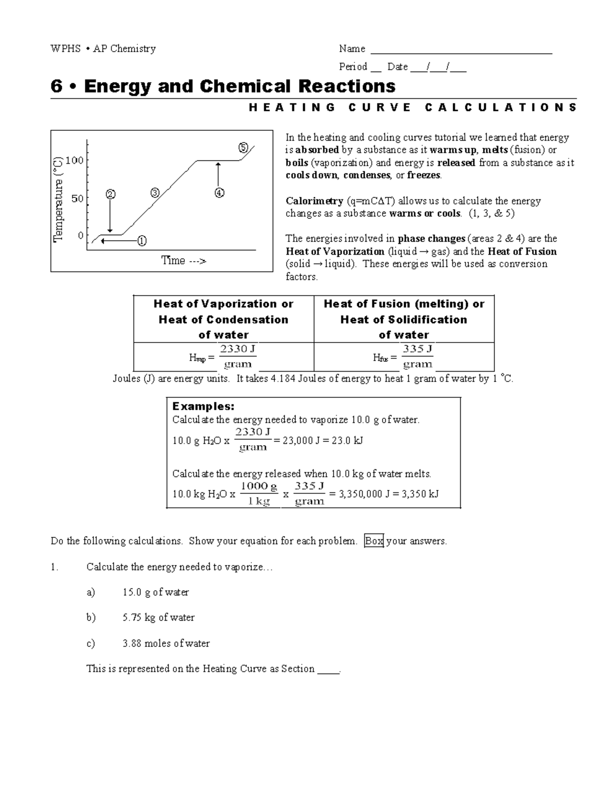 Heating Curves Problem Set - WPHS • AP Chemistry Name ...