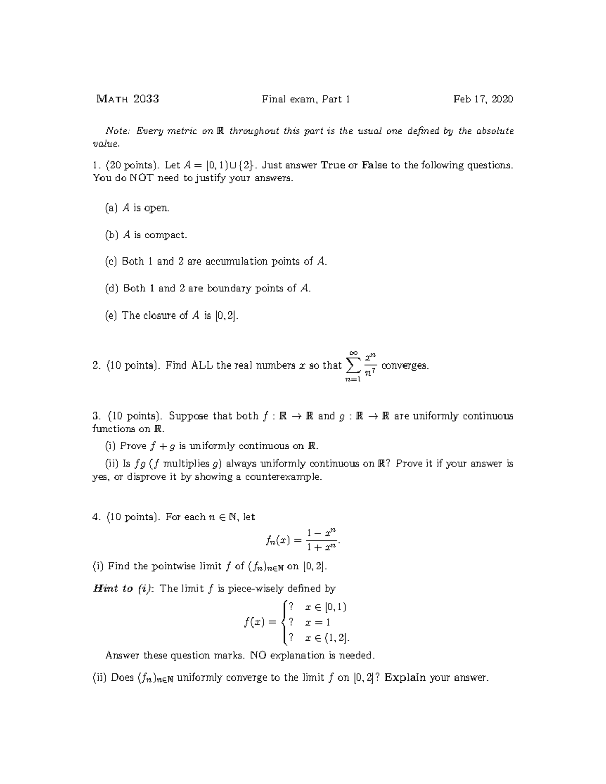 (MATH2033)[2019 ](f)final~wwangbw^ 42411 - Math 2033 Final exam, Part 1 ...