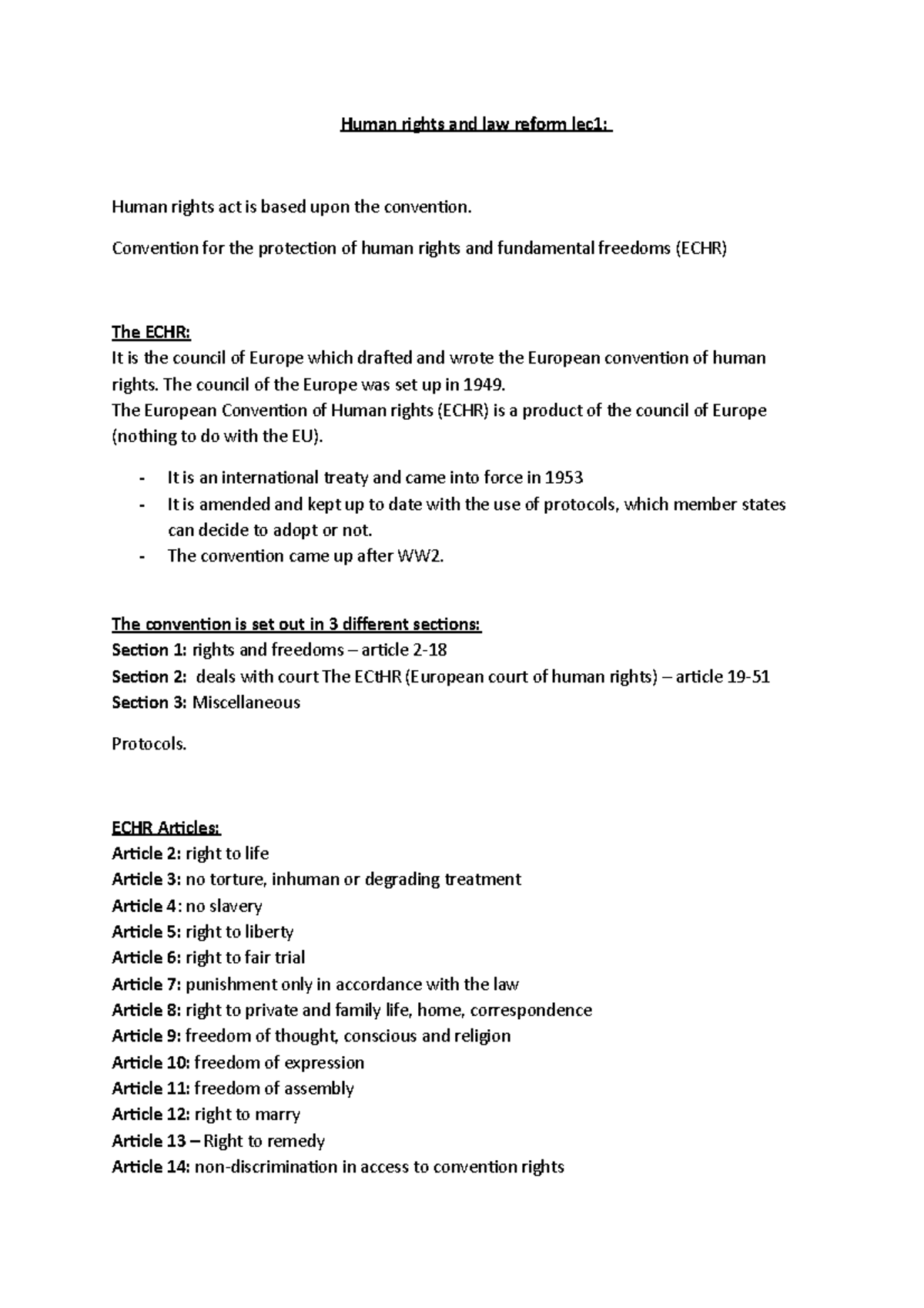 HR lec 1 - Lecture notes Human rights lecture 1 - Human rights and law ...