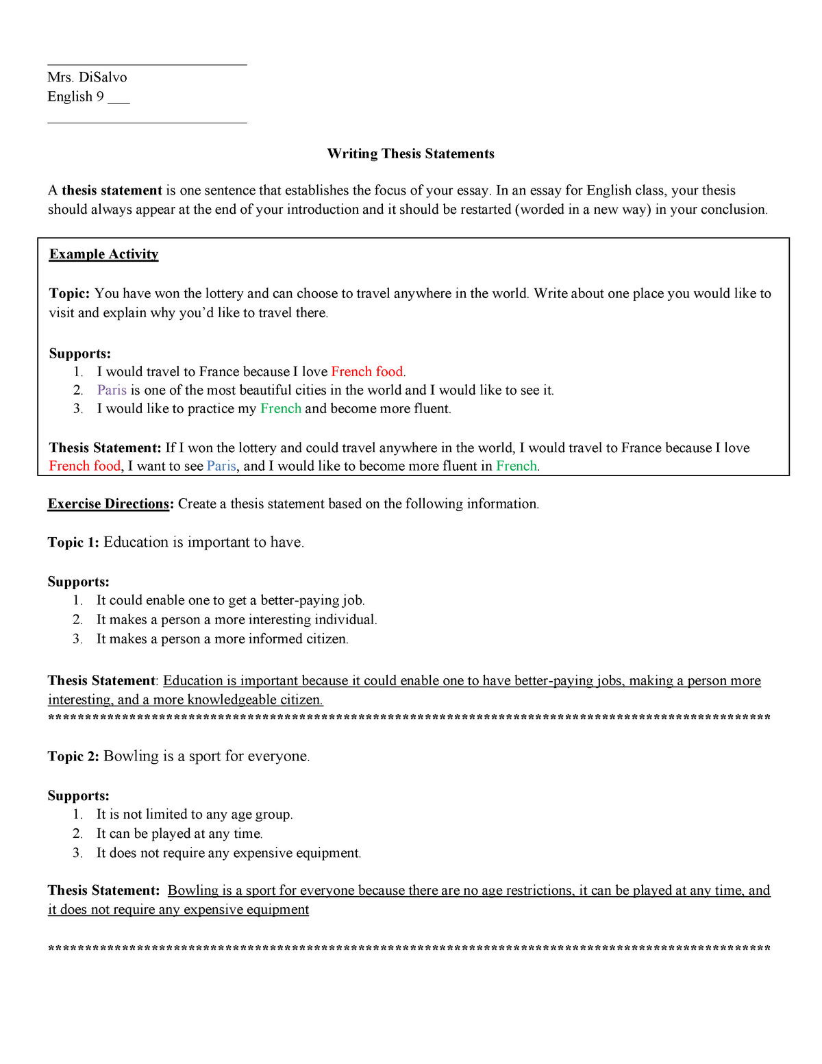 thesis statement practice answer key