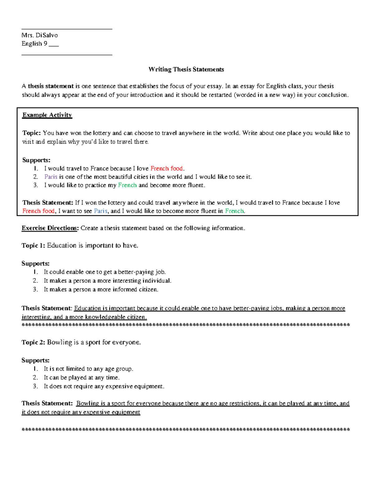 Thesis Statement Practice Worksheet