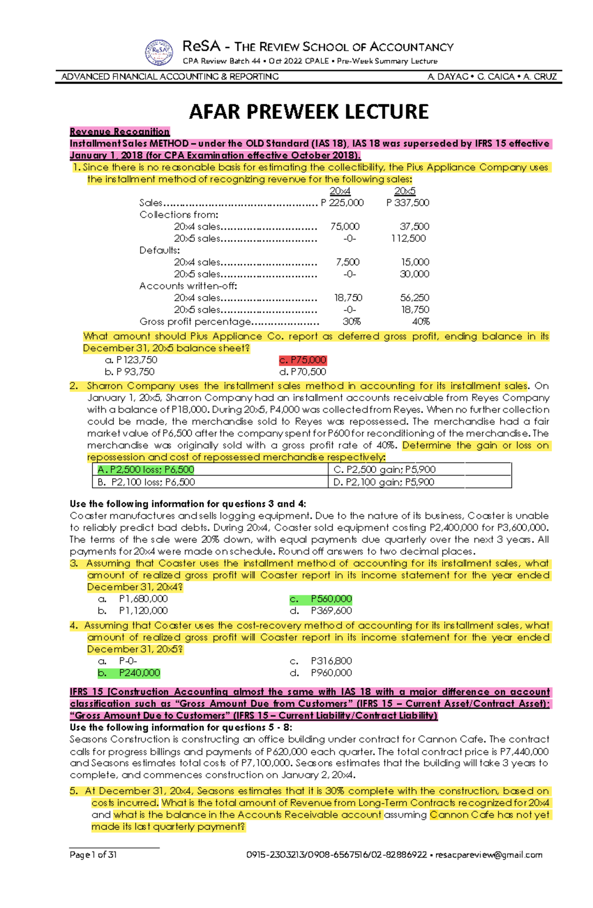 AFAR Preweek (B44) - Practice Materials - ReSA - THE REVIEW SCHOOL OF ...