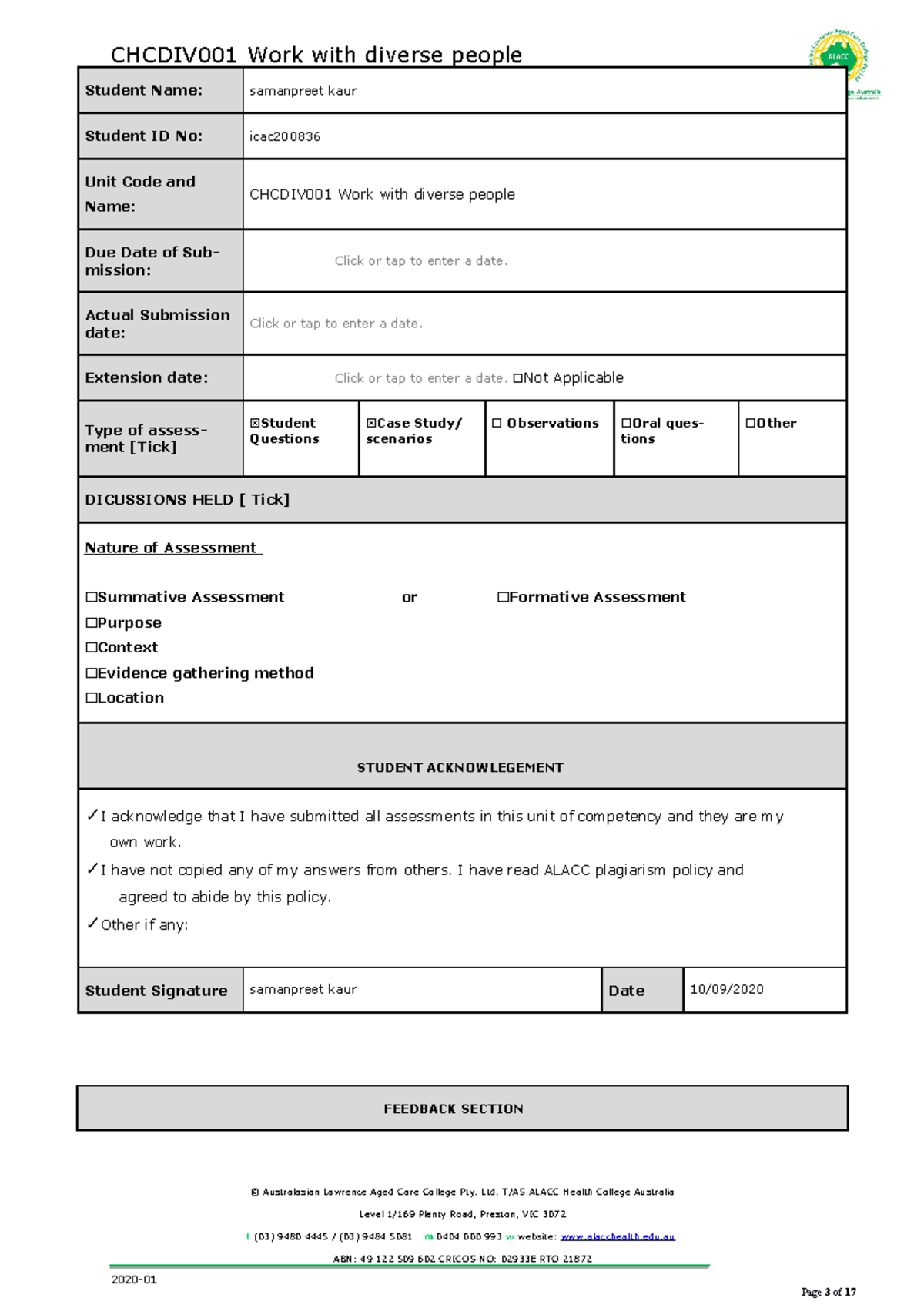 Chcdiv 001 Work with diverse people - Page 3 of 17 Student Name ...