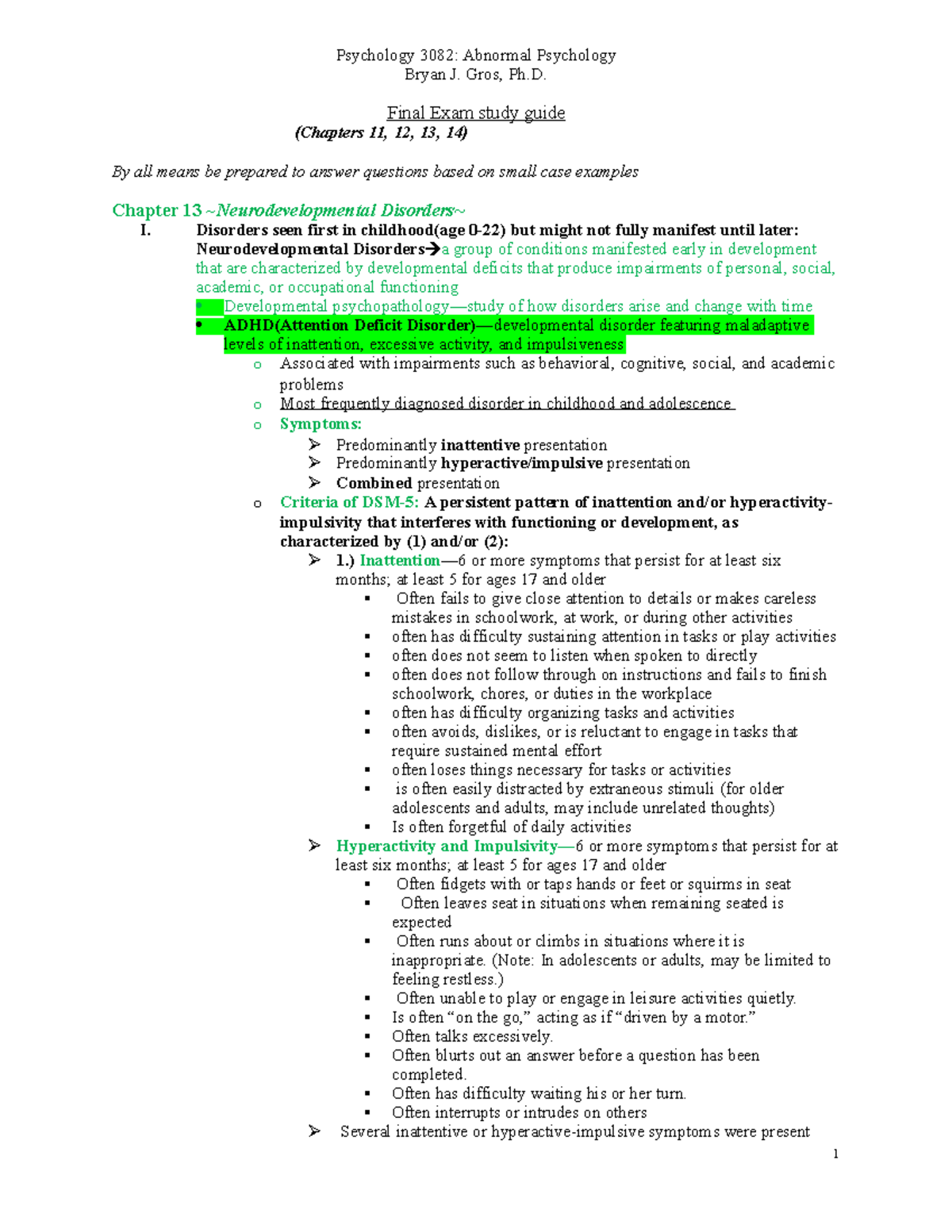 Exam 3 Study Guide - Baker - Psychology 3082: Abnormal Psychology Bryan ...