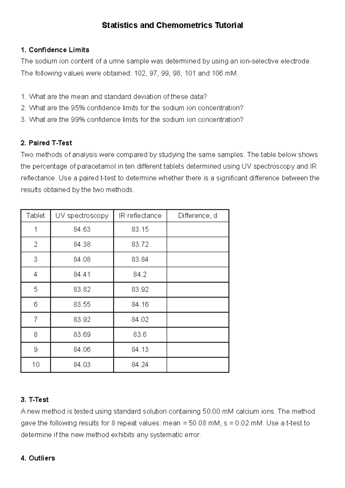 Statistics and Chemometrics Tutorial Final Statistics and