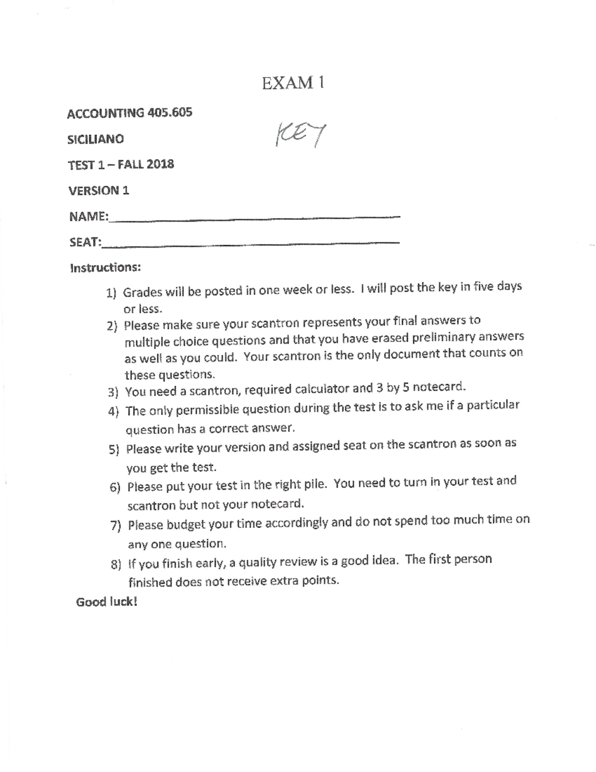 Fall 2018 Exam 1 Key - COST ACCOUNTING - EXAMI ACCOUNTING 405 ...