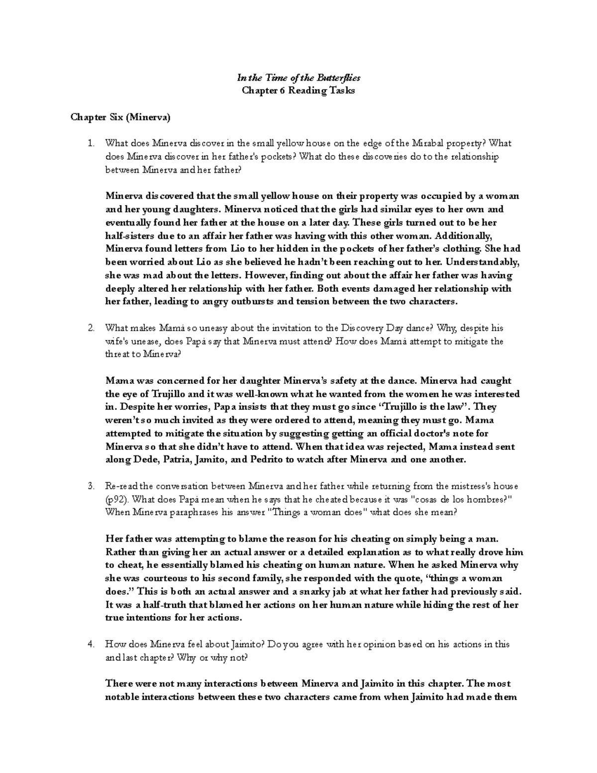 Butterflies 6 reading tasks In the Time of the Butterflies Chapter 6