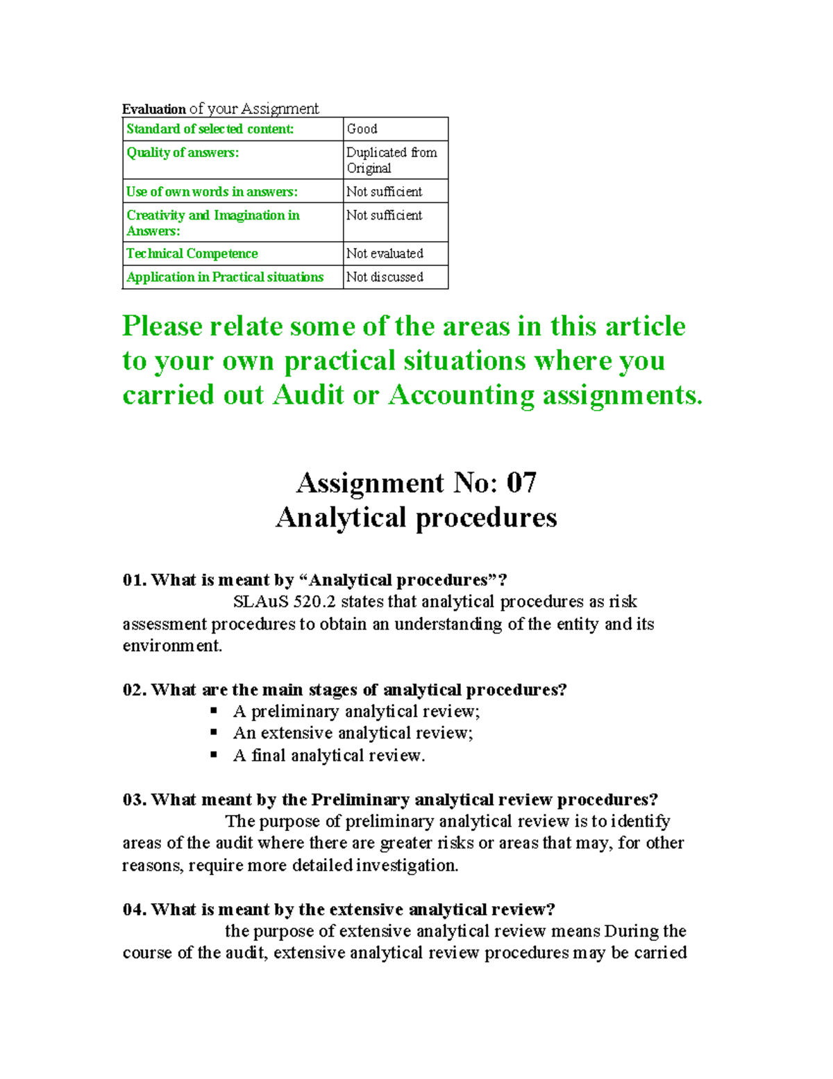 Assignment -Sameera - Evaluation of your Assignment Standard of ...