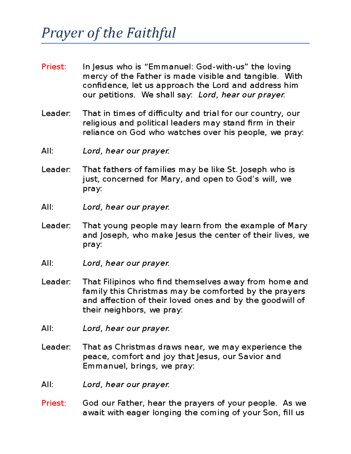 Ad 4A Prayer of the Faithful Prayer of the Faithful Priest In