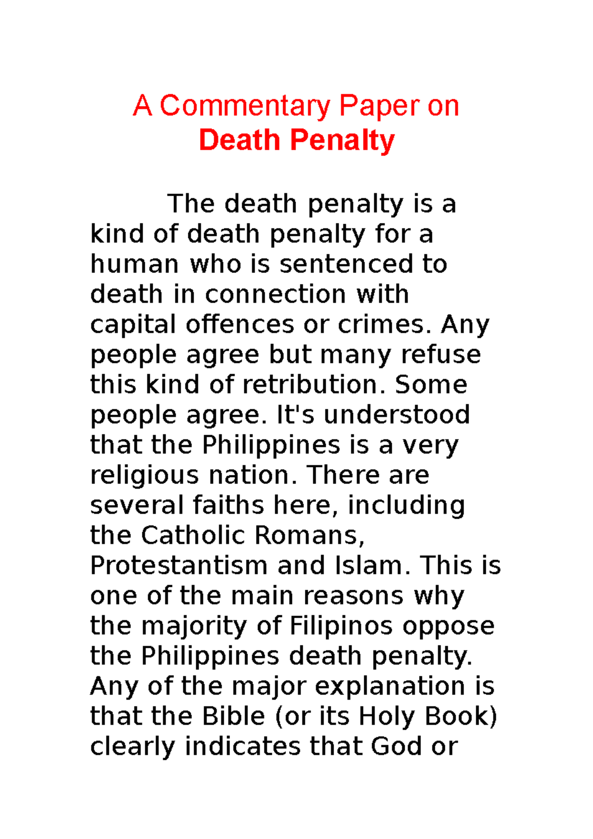 Commentary Paper - Notes - A Commentary Paper on Death Penalty The