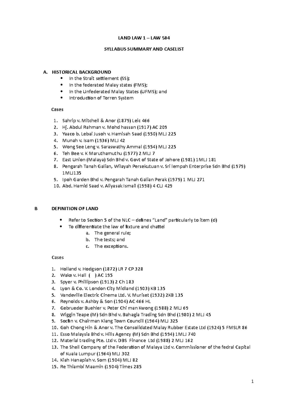 0. Syllabus and cases LAND LAW 1 LAW 504 SYLLABUS SUMMARY AND