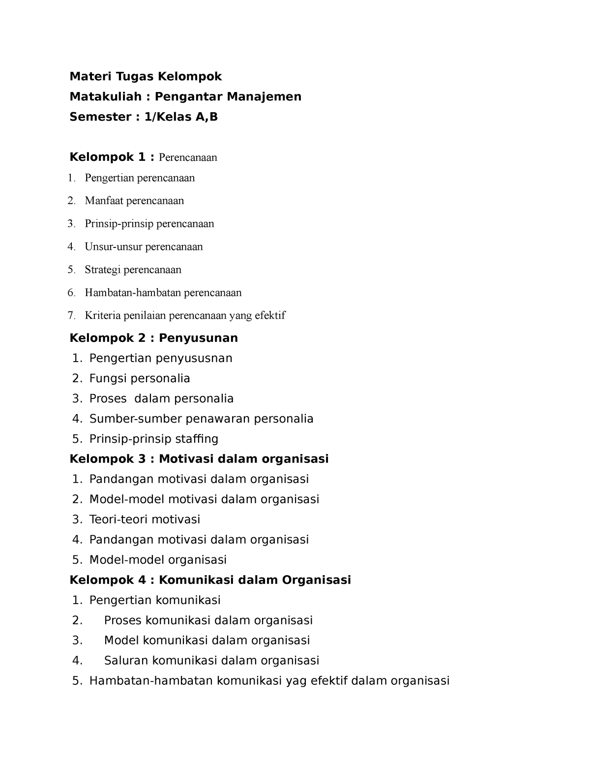 Tugas P. Manajemen 1A,B - Materi Tugas Kelompok Matakuliah : Pengantar ...