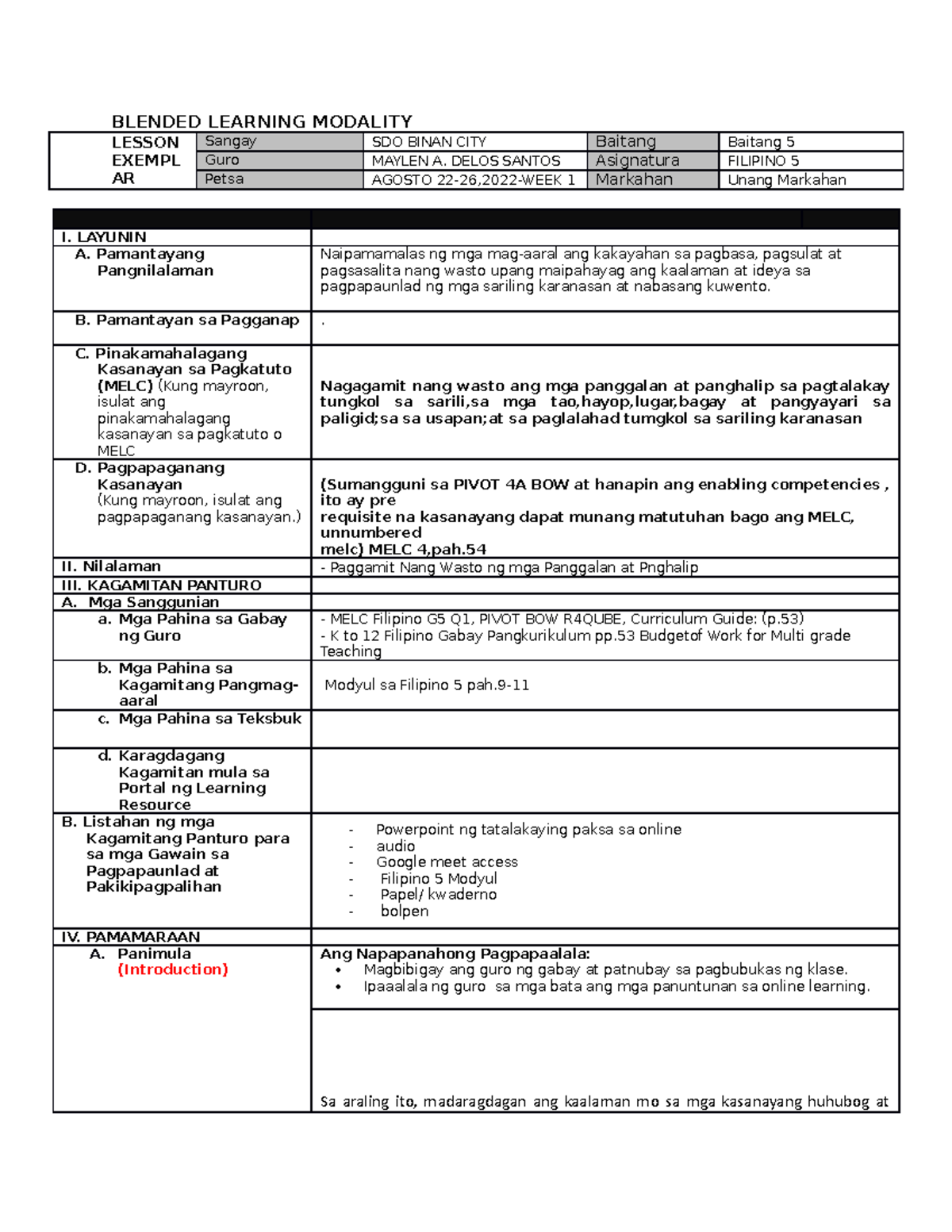 IDEA LE Filipino 5 -Q 1 W1 - BLENDED LEARNING MODALITY LESSON EXEMPL AR ...