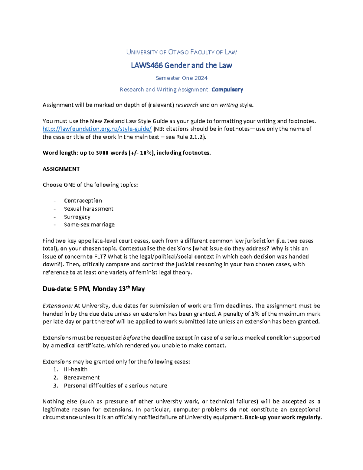 Assignment Info Gender - UNIVERSITY OF OTAGO FACULTY OF LAW LAWS4 66 ...