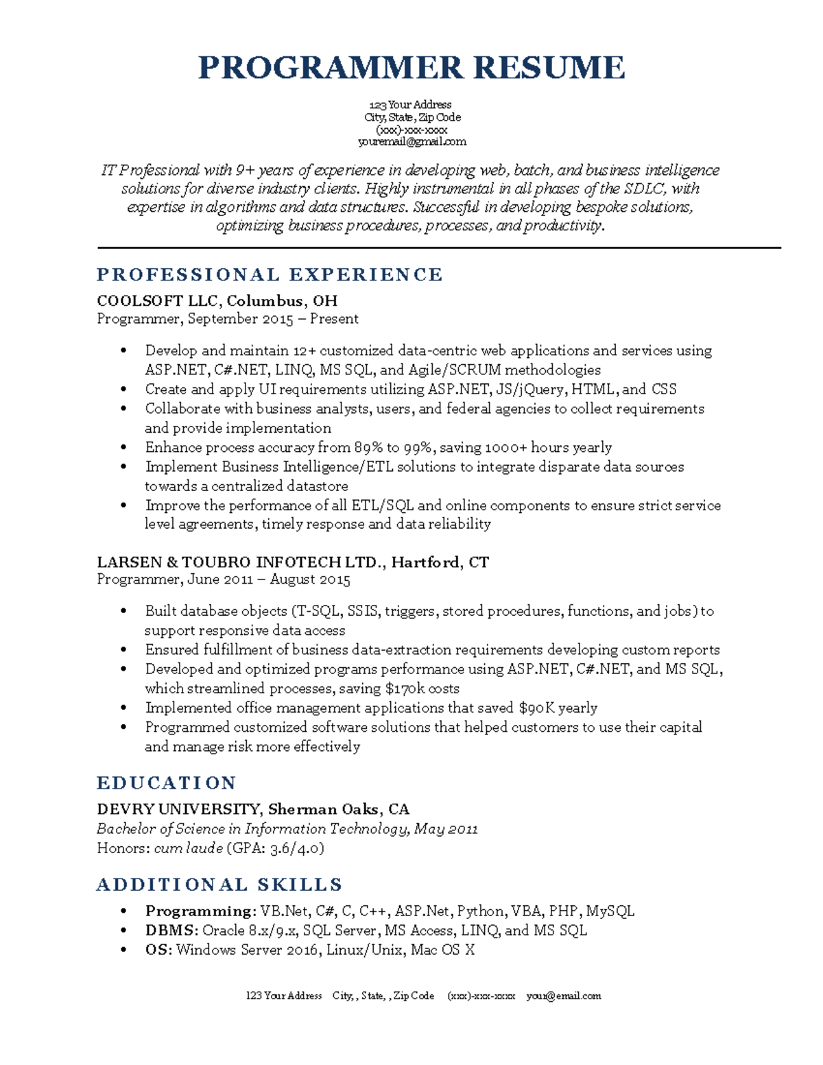 CV 2 Example - PROGRAMMER RESUME 123 Your Address City, State, Zip Code ...