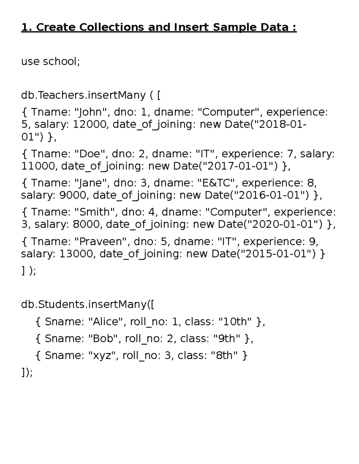 Assignment - 1(Part-1) - Create Collections and Insert Sample Data ...