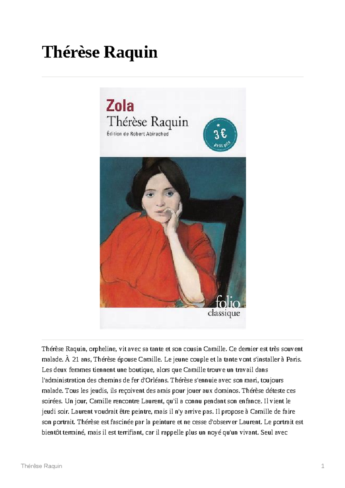 Thérèse Raquin - Thérèse Raquin Thérèse Raquin, orpheline, vit avec sa ...