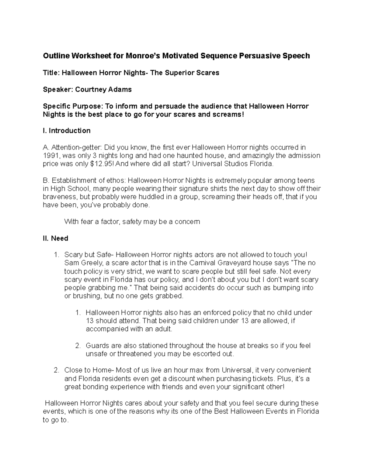 Persuasive Outline- HHN TSS - Outline Worksheet for Monroe's Motivated  Sequence Persuasive Speech - Studocu