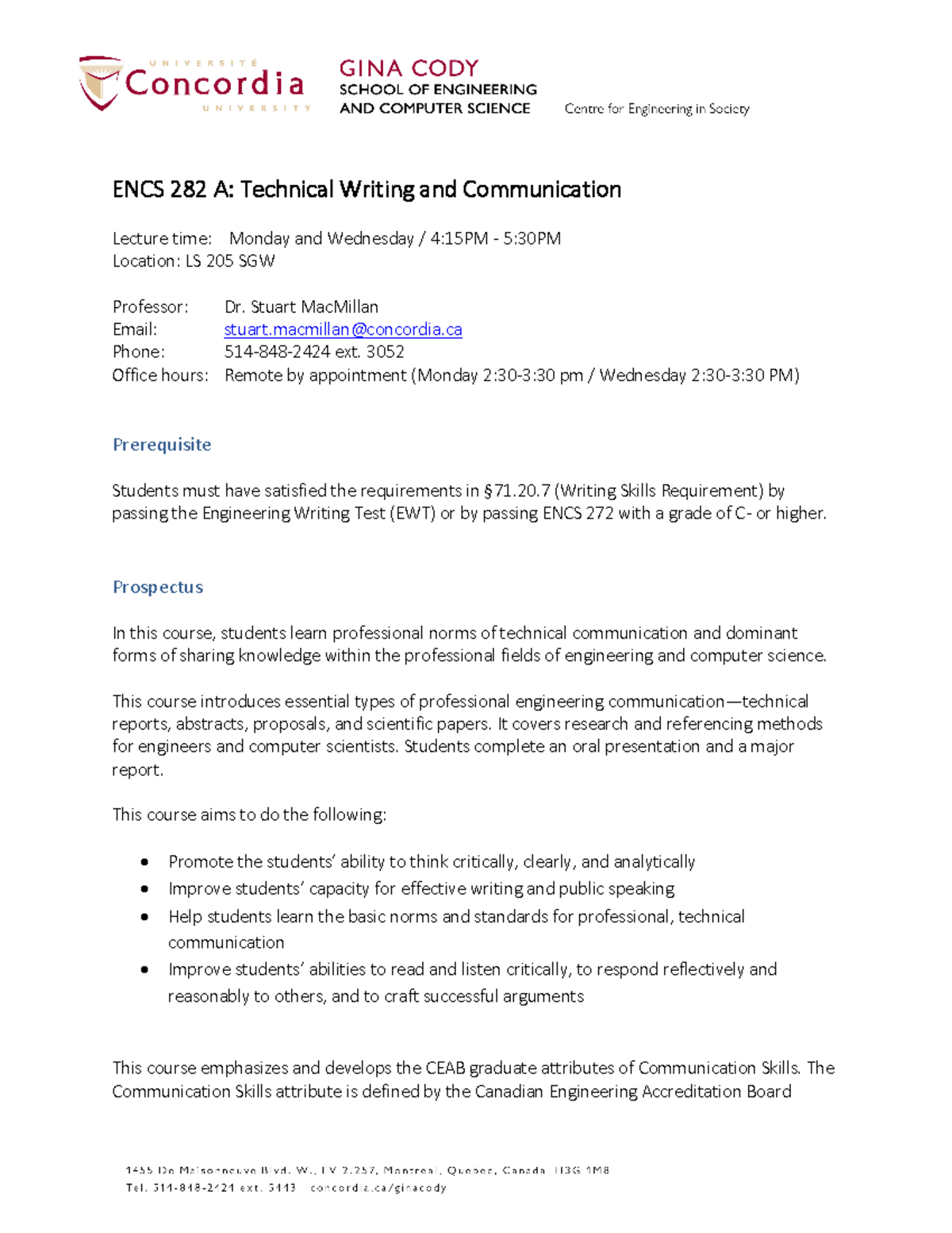 ENCS 282 A Syllabus Fall 2021 Course Outline ENCS 282 Concordia