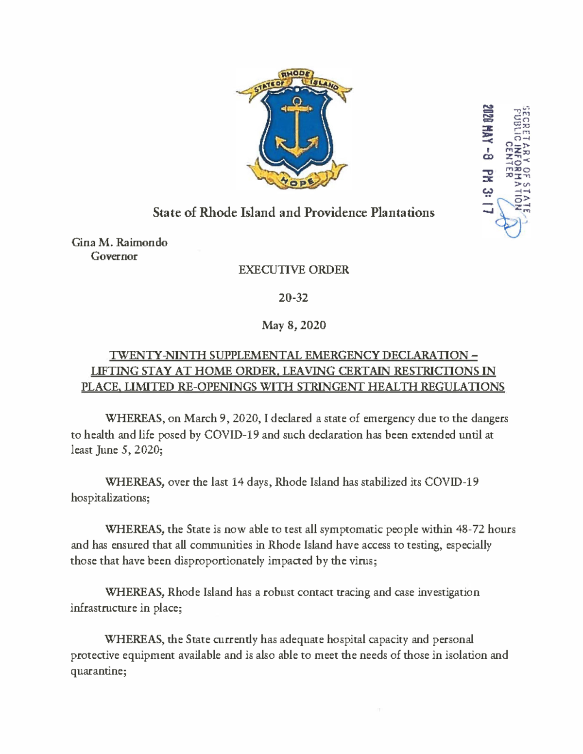 Orders Executive Order state of Rhrode Island State of Rhode Island