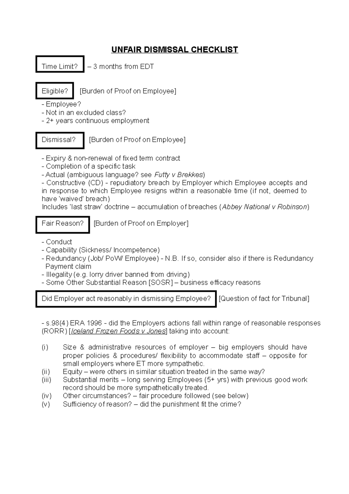 Notes - employment law note - UNFAIR DISMISSAL CHECKLIST Time Limit ...