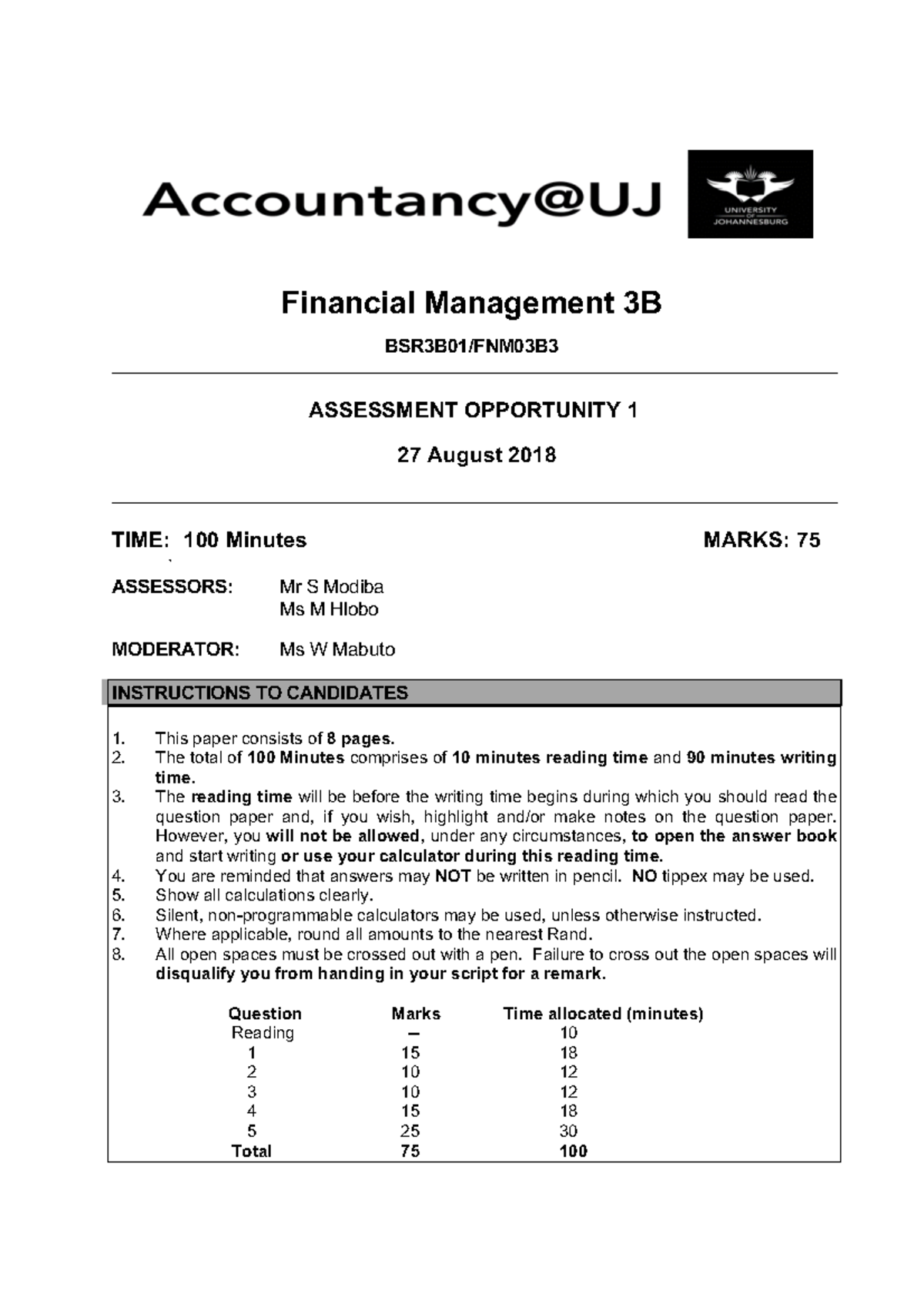 BSR3B AO1 2018 Final Moderated PAST PAPER - Financial Management 3B ...