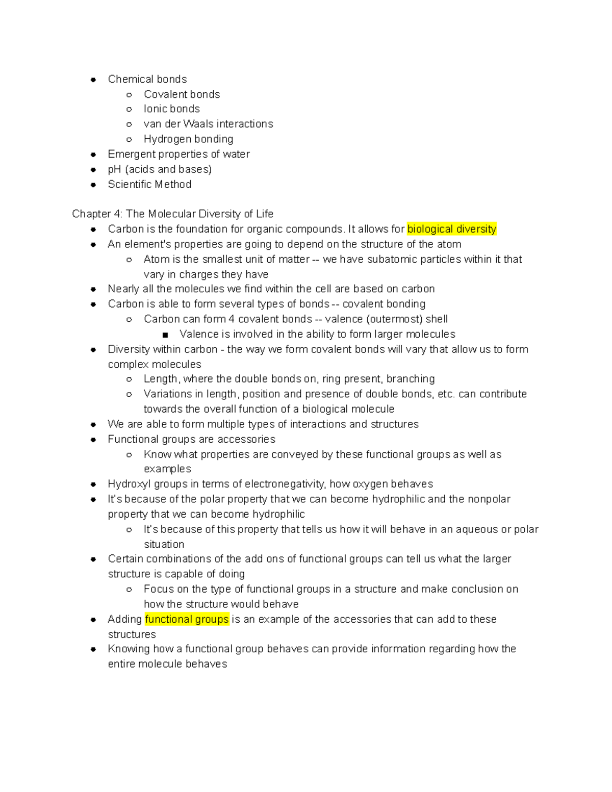 Bio 100 Notes 1 - Chemical bonds Covalent bonds Ionic bonds van der ...