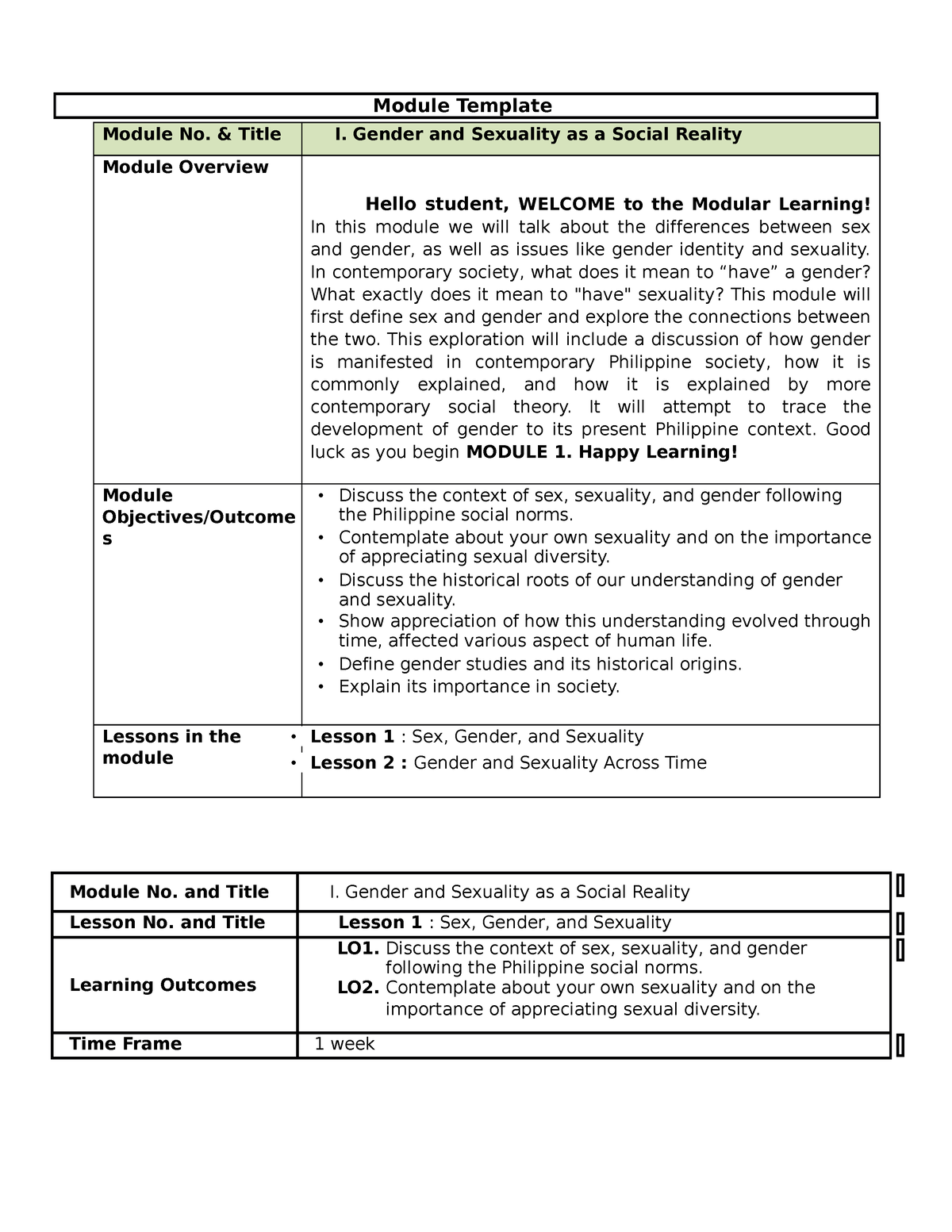 Gender And Society Modular Lesson 1 And 2 - Module Template Module No ...