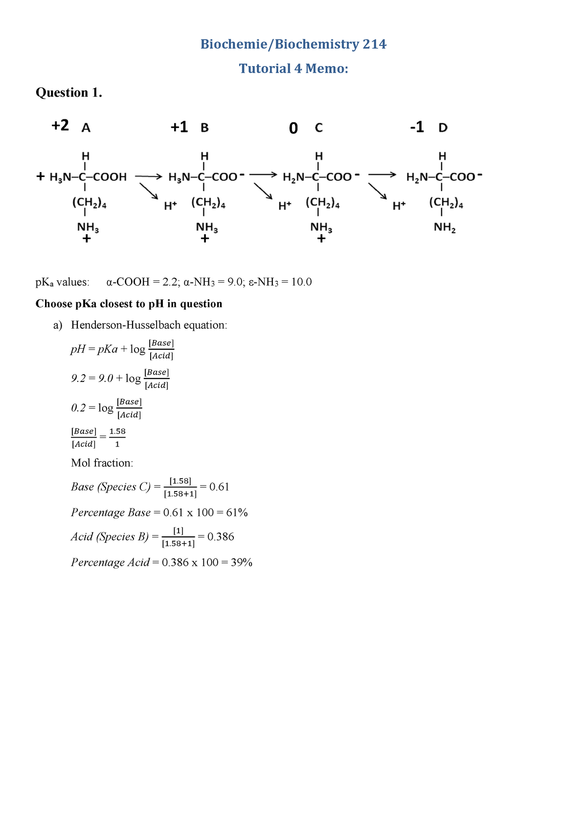 Tutorial 3(Amino Acids And Proteins) - Biochemistry 214 - Biochemie ...