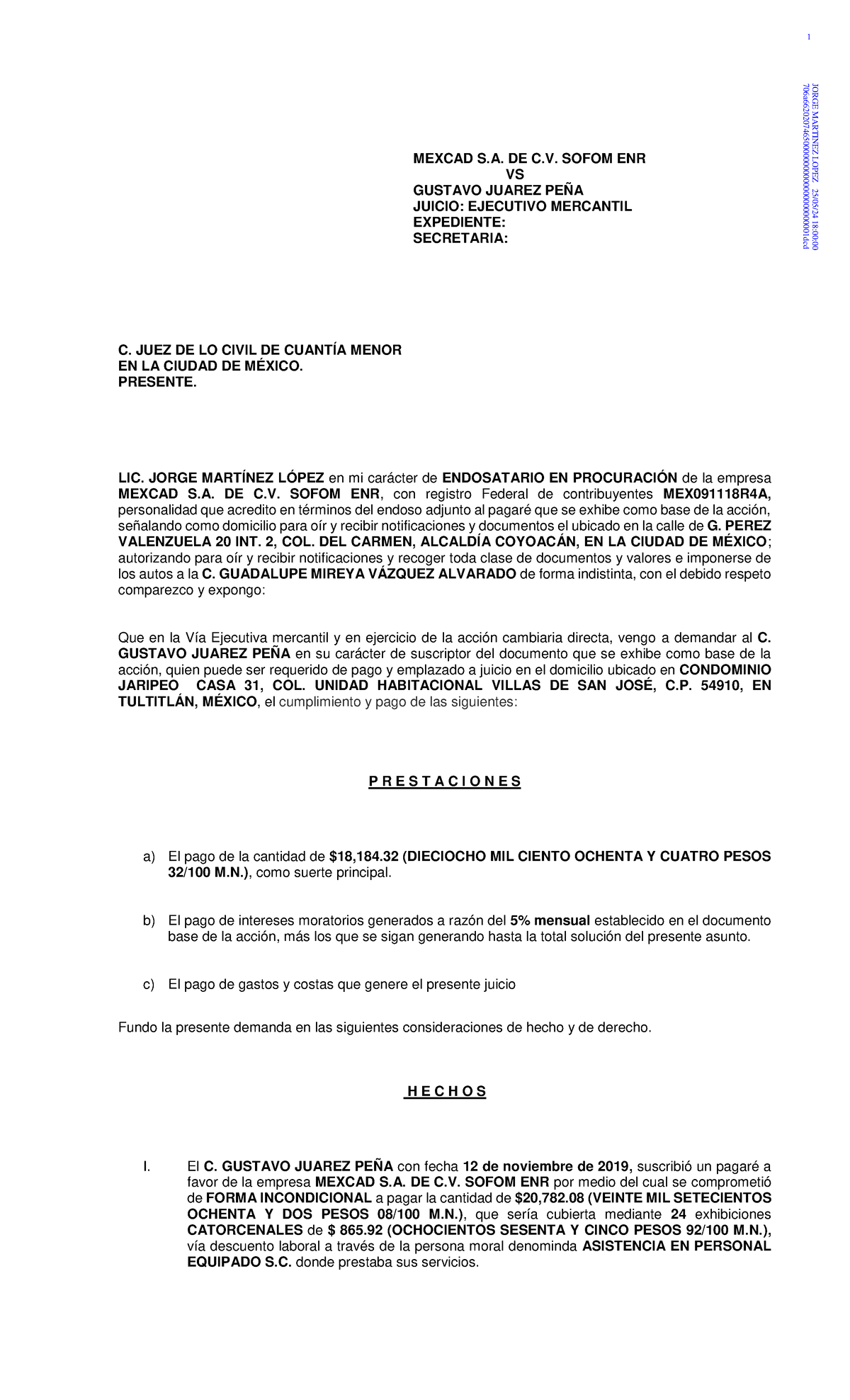 Demanda Ejecutiva Mercantil - MEXCAD S. DE C. SOFOM ENR VS GUSTAVO ...