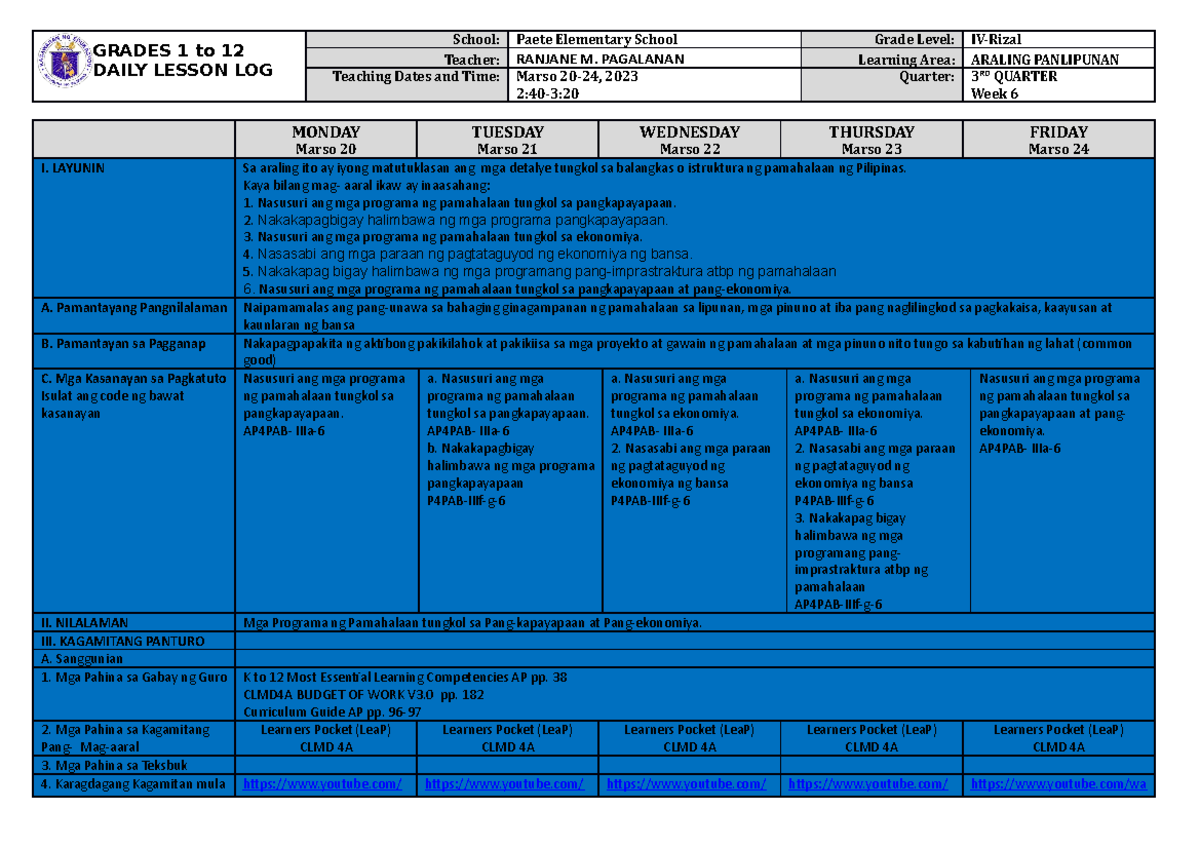 Q3 Dll Ap W6 Dll Grades 1 To 12 Daily Lesson Log School Paete