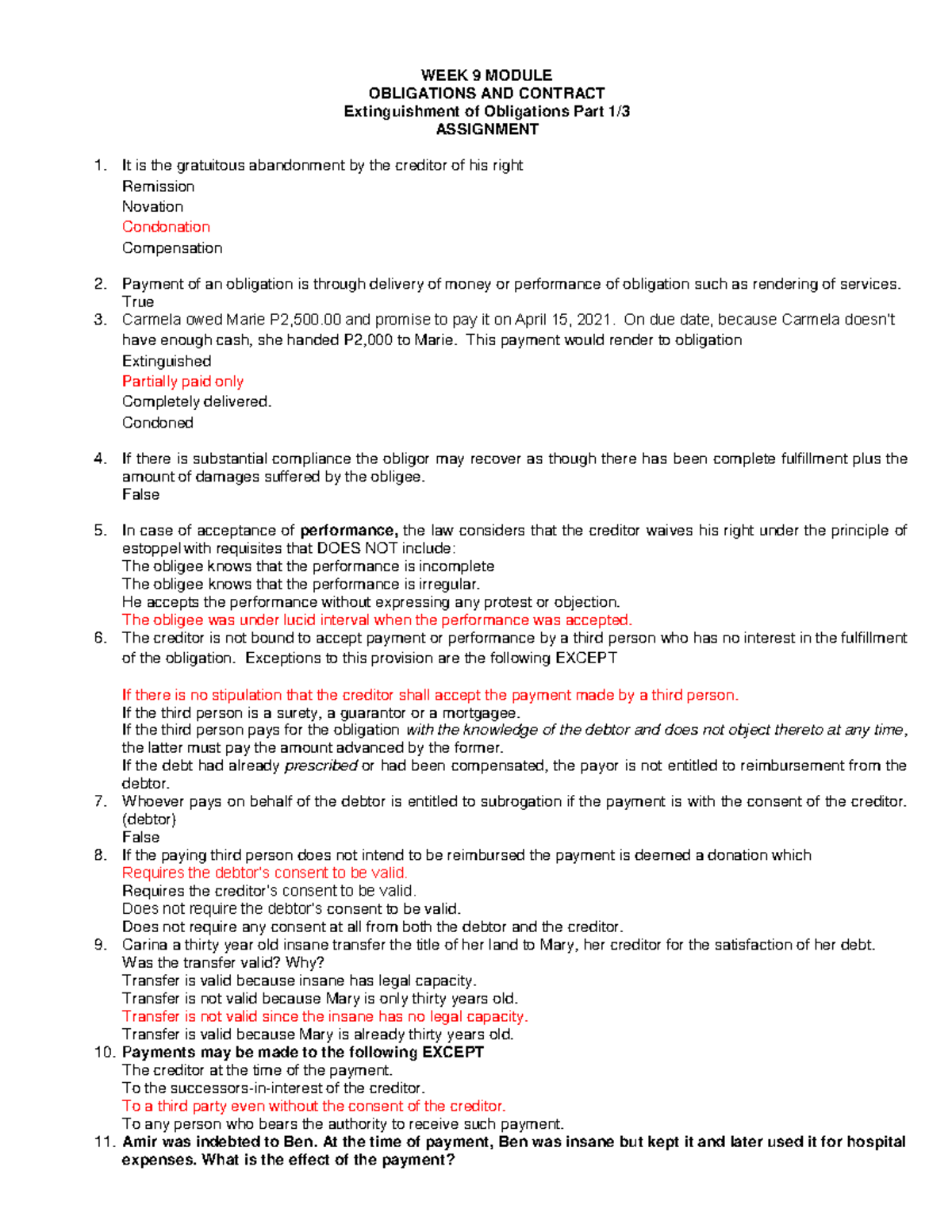 Oblicon WEEK 9 Quiz- Assignment -Extinguishment Of Obligations - WEEK 9 ...