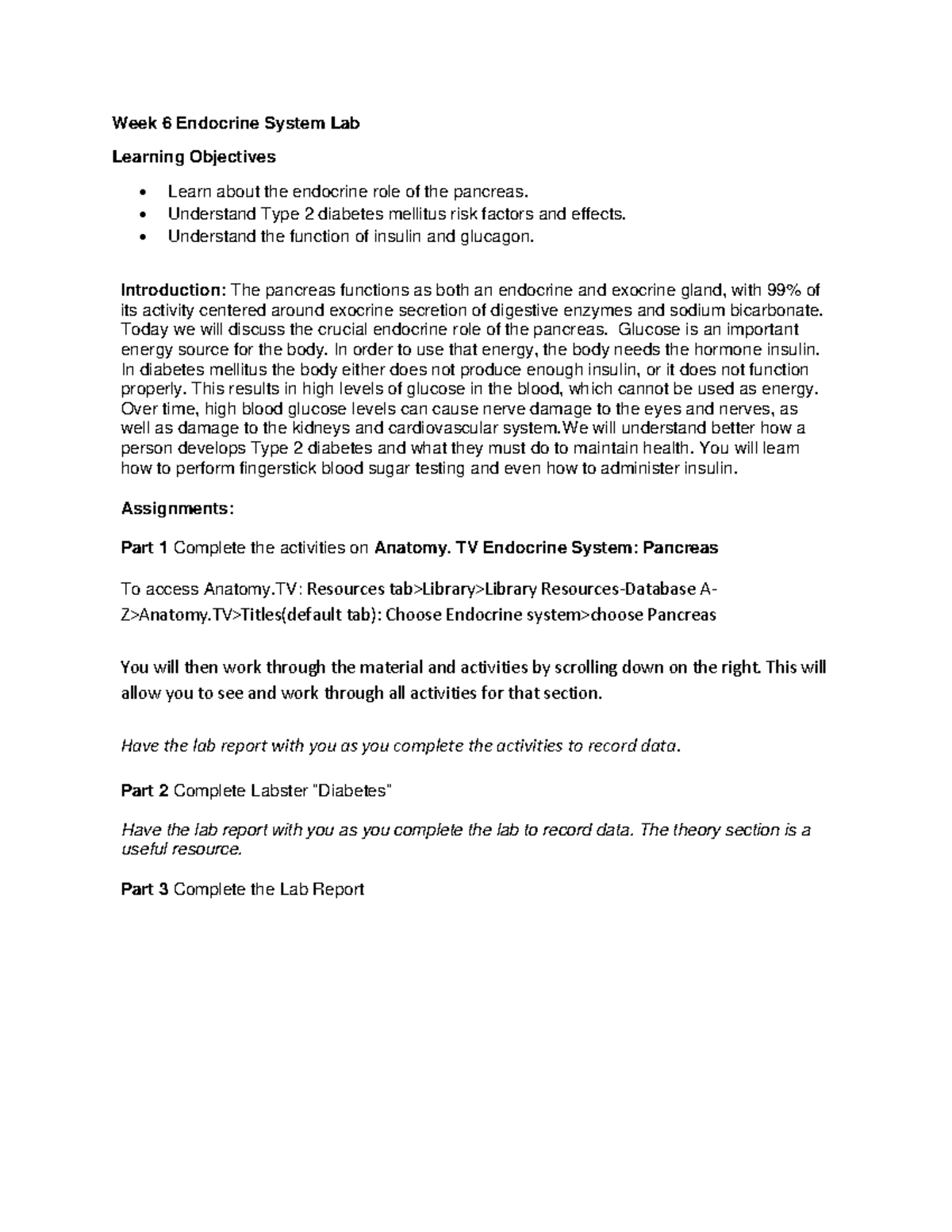 BIO252 W6 Lab Report Pancreas and Diabetes Week 6 Endocrine System Lab Learning Objectives