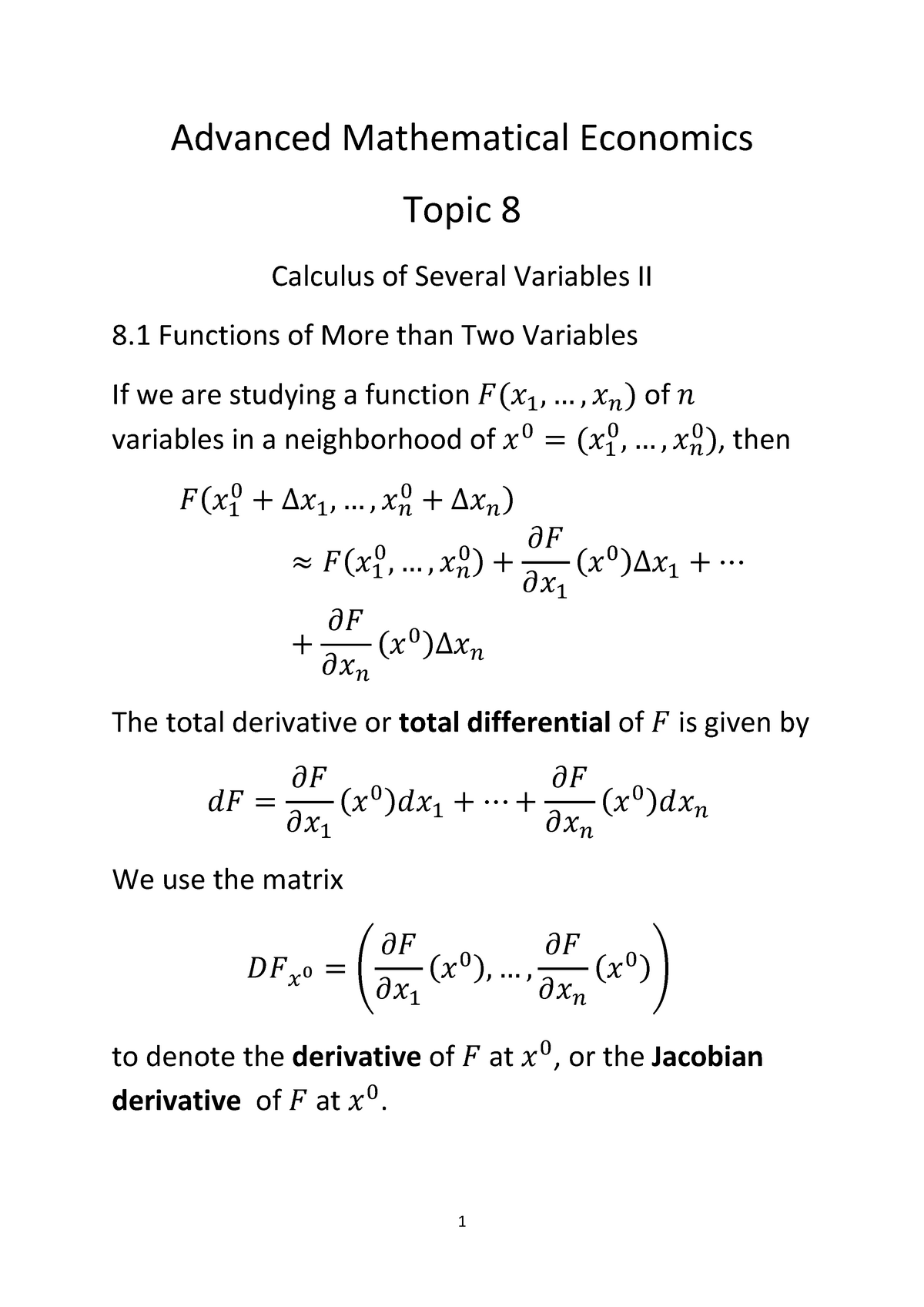 Calculus Of Several Variables II - ..,ݔ ௡ ሻ Of ݊ Variables In A ...