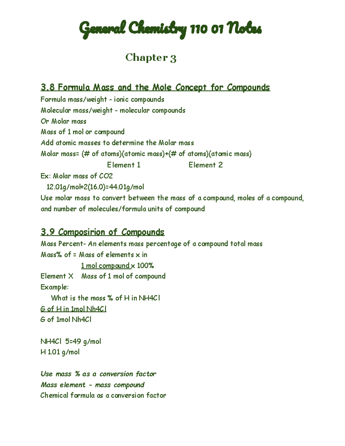 General Chemistry 110 01 Chapter 3 Notes Genera Chemistr 110 01 Note