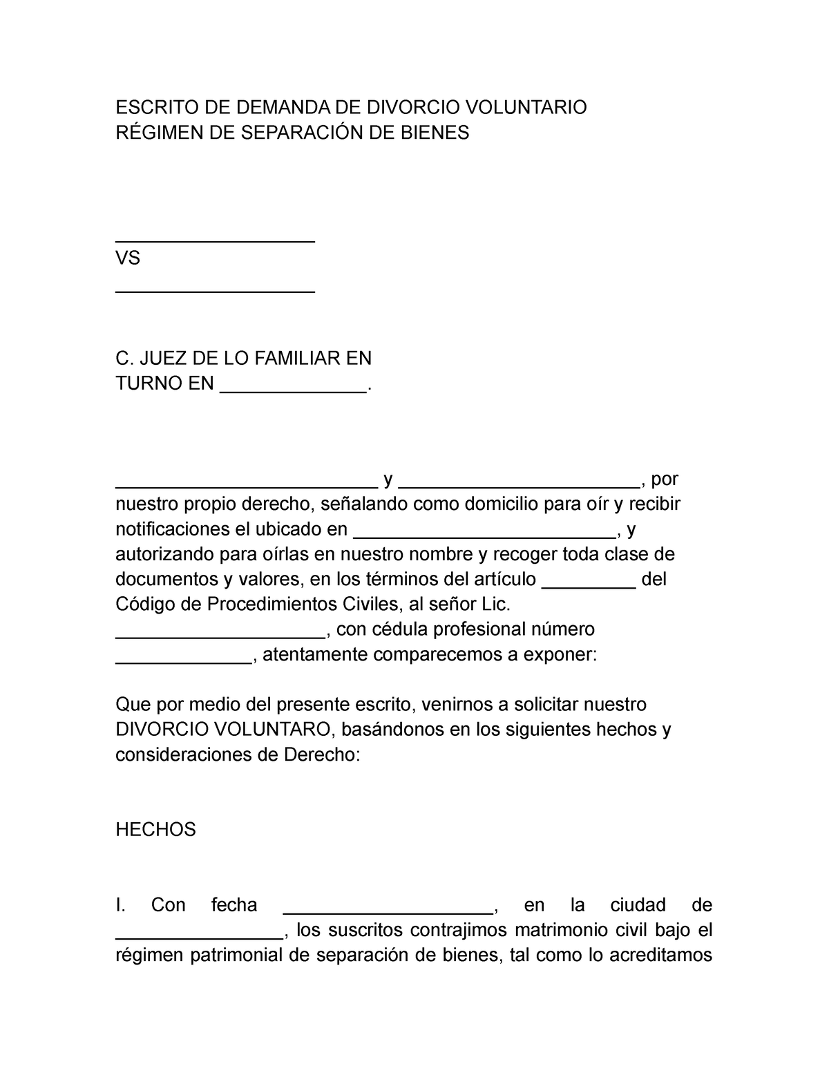 Demanda de divorcio voluntario - ESCRITO DE DEMANDA DE DIVORCIO VOLUNTARIO  RÉGIMEN DE SEPARACIÓN DE - Studocu