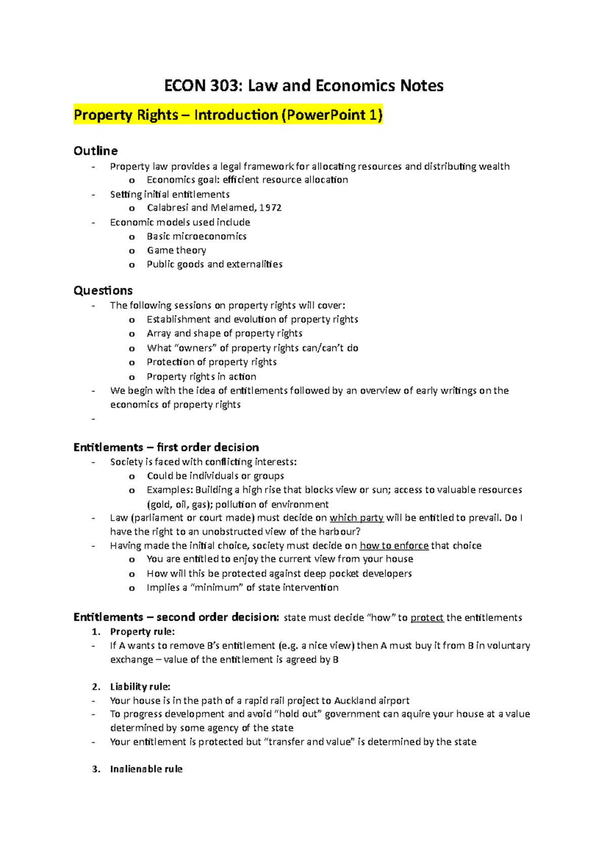 Property Rights Notes 303 ECON 303 Law and Economics Notes Property