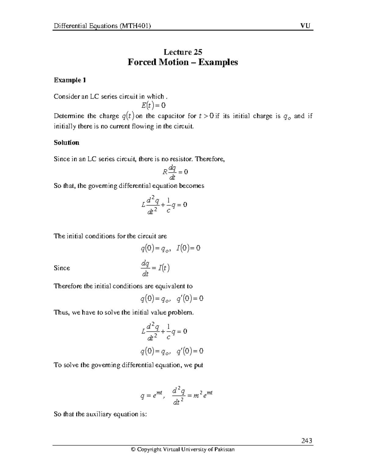 Lecture 25 Differential Equation Notes Lecture 25 Forced Motion Examples Example 1 Consider An Studocu