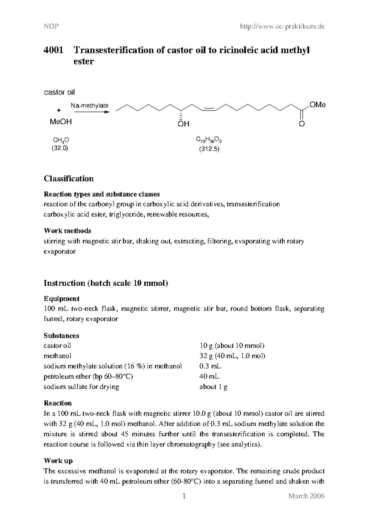 Biodiesel caster oil transestification 4001 Transesterification of
